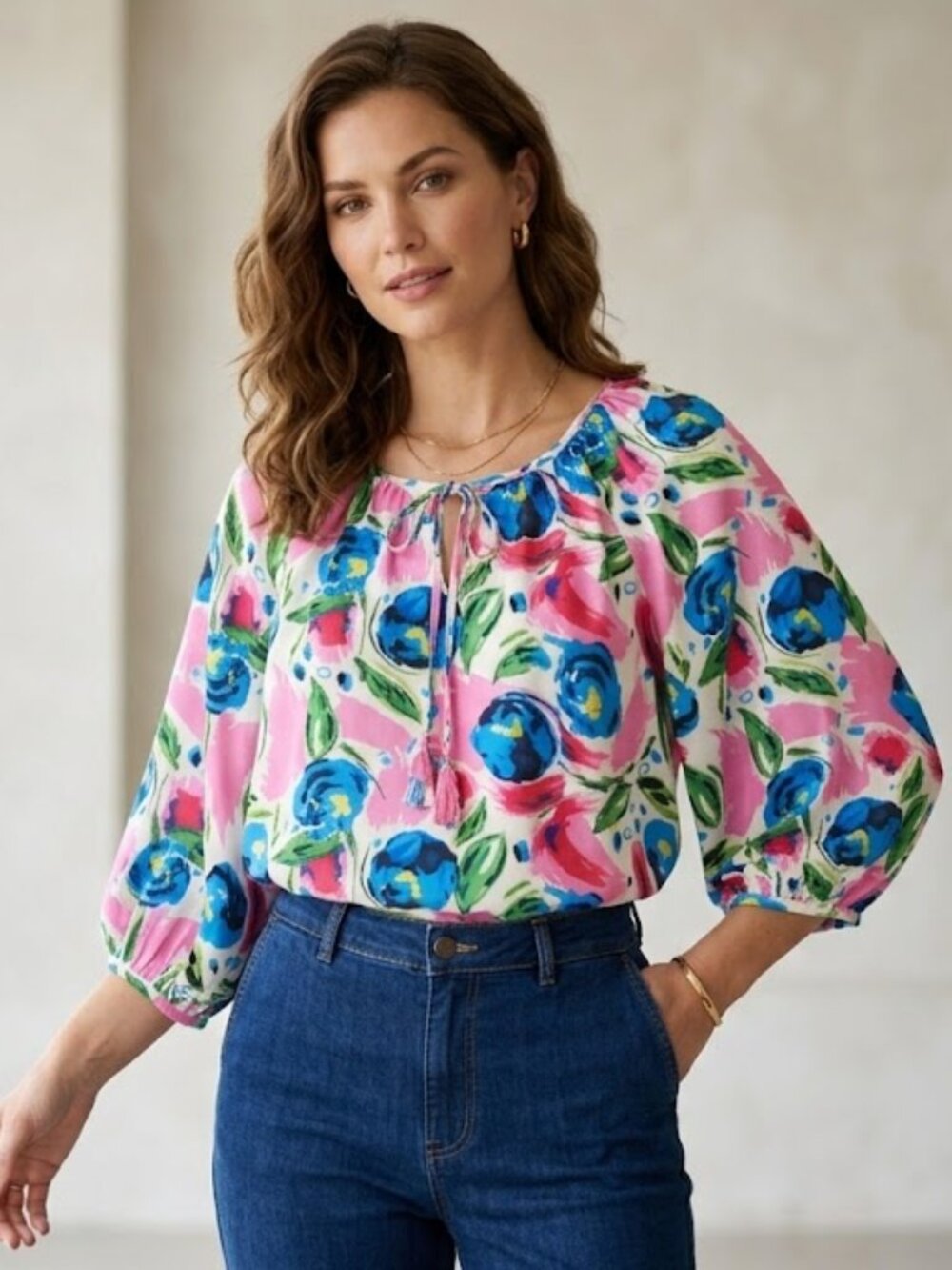 Jade Melody Tam Floral Peasant Blouse Size Large - Pink Blue Lined Relaxed Fit